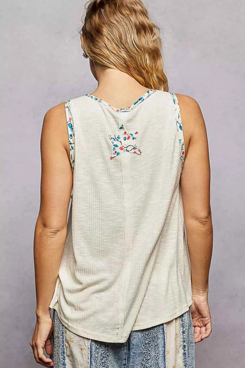 POL Floral Print Star Patch V-Neck Ribbed Tank