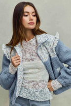 SO ME Women Jacket Faux Fur Sherpa Blue Pull with Floral Ruffle Contrast Zipper 360549ab01af4286b66317d9db6b00b9-Max-Origin Trendsi