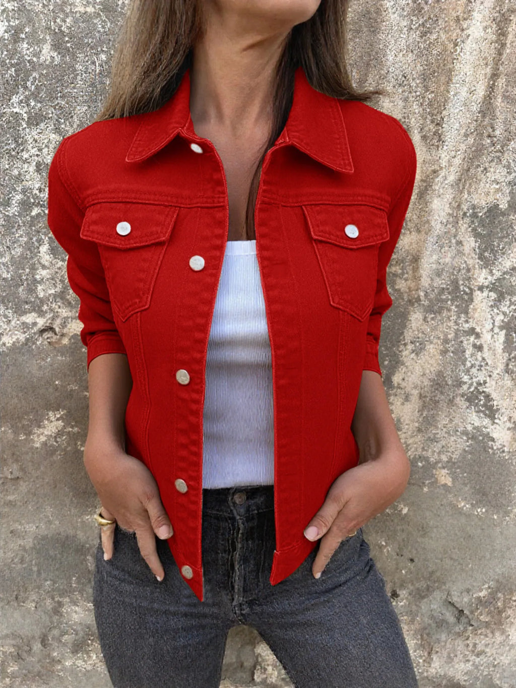 Women's Denim Jacket Short Button Front Long Sleeve with Pockets Red 360748ce06264df0af470f1853b311f2-Max-Origin Trendsi