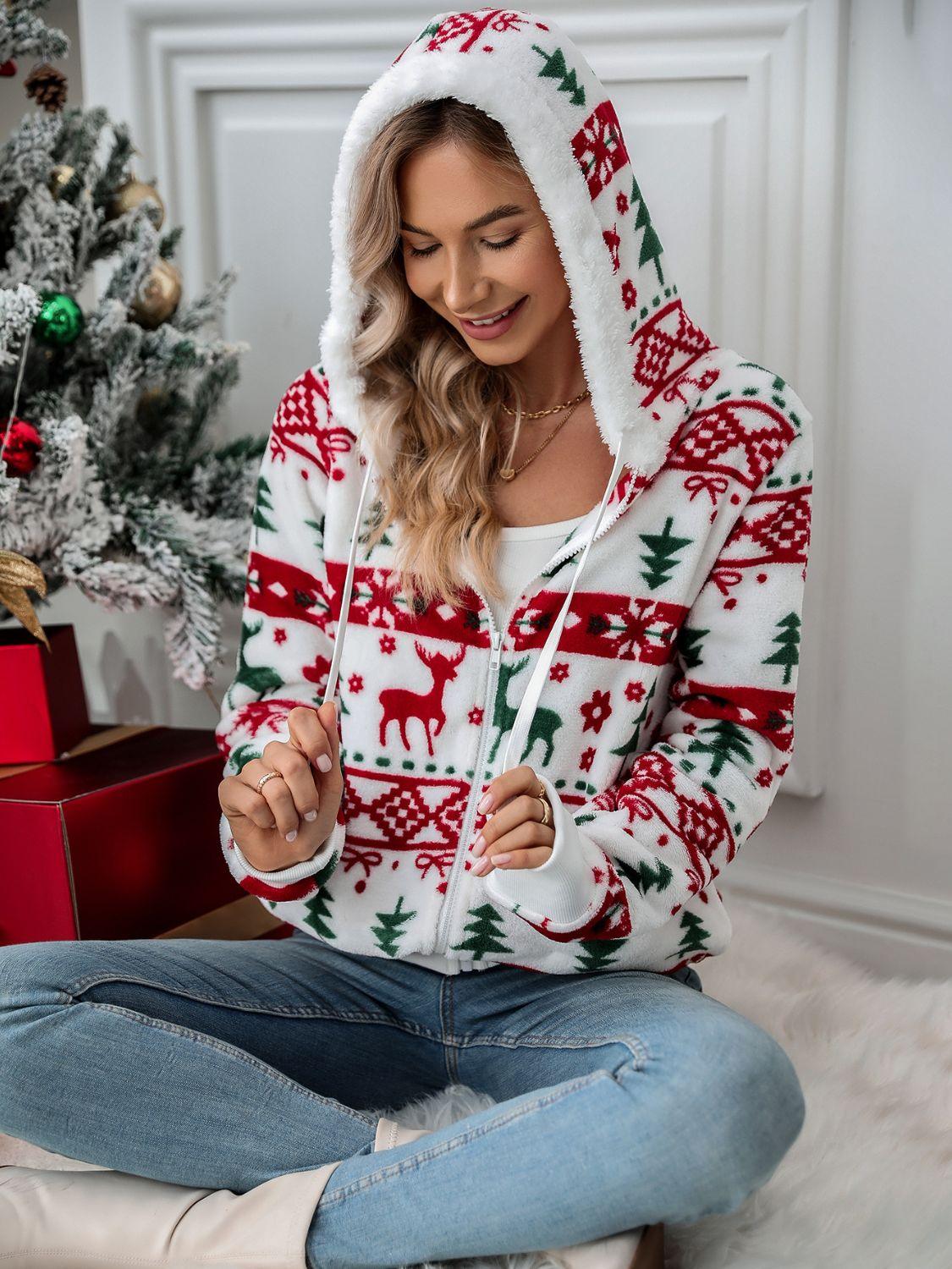 Christmas Tree Pattern Jacket Women Zip Up Hooded Warm Outwear