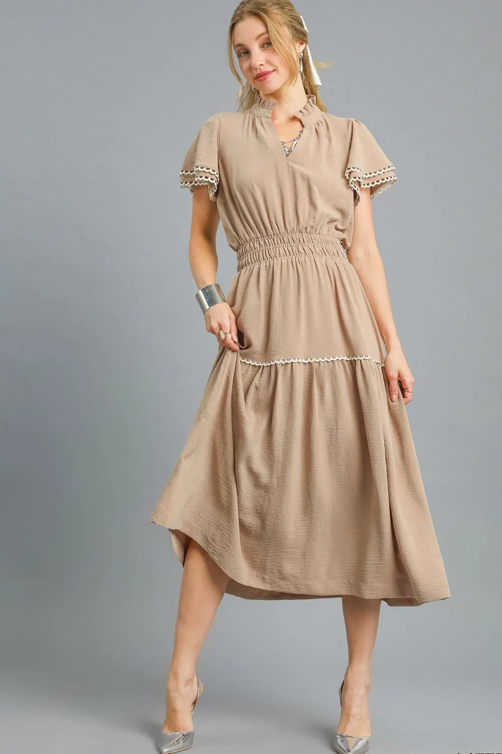 Umgee Midi Dress Camel Tiered Flutter Sleeve Smocked High Waisted Camel
