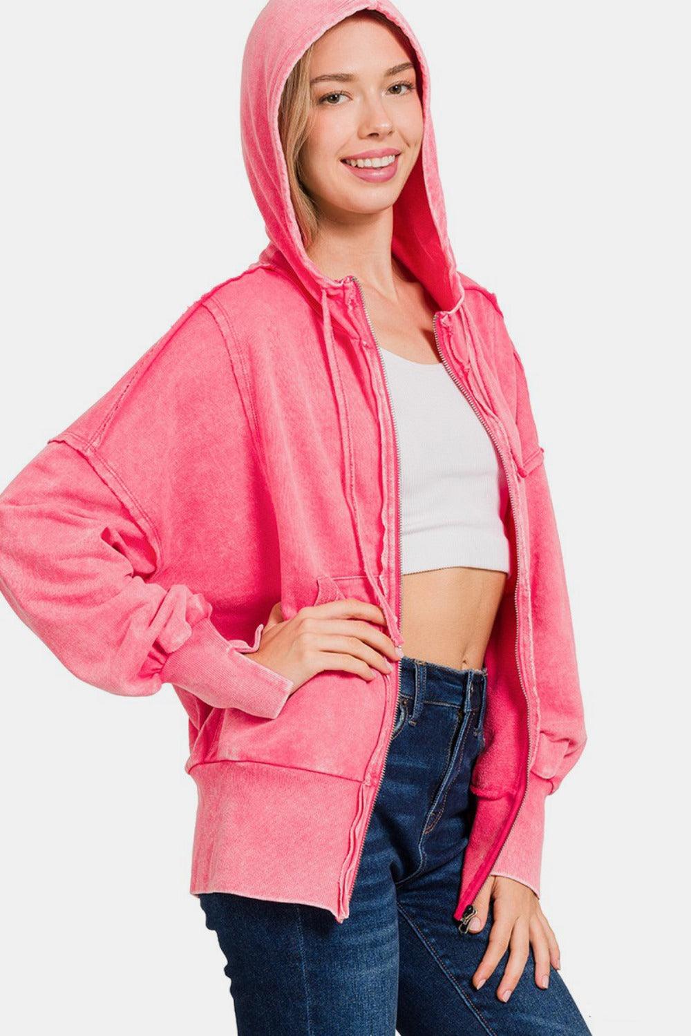 Zenana Hoodie Fuchsia Acid Washed French Terry Zip-Up with Pockets 360eb59f-cf92-4701-adec-4bb571487189-Max Trendsi