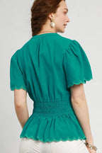 Umgee Cotton Blouse Turquoise Scalloped Edge Flutter Sleeve Smocked 360fa8ab-bcf7-46af-93e7-603558a6d884-Max-Origin Trendsi