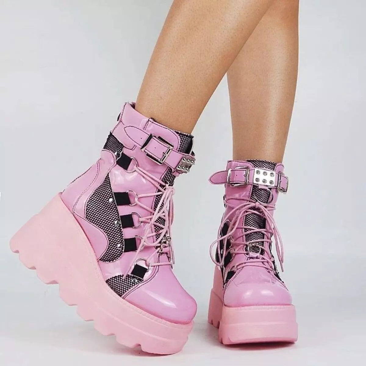 Lace Up Platform Wedge Boots Pink 3613164d34e546c587749198d88ba582-Max-Origin Trendsi