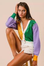 BiBi Sequin Sweater Cardigan Mardi Gras Color Block Buttoned Long Sleeve 3616980517c04cb6bb7daa5e9cd1071f-Max-Origin Trendsi