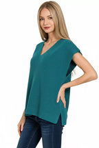 Zenana Womens Sweater Vest Teal Ribbed Slit V-Neck Short Sleeve Top 361e565f-7f75-435a-82ae-ed038076b314-Max-Origin Trendsi