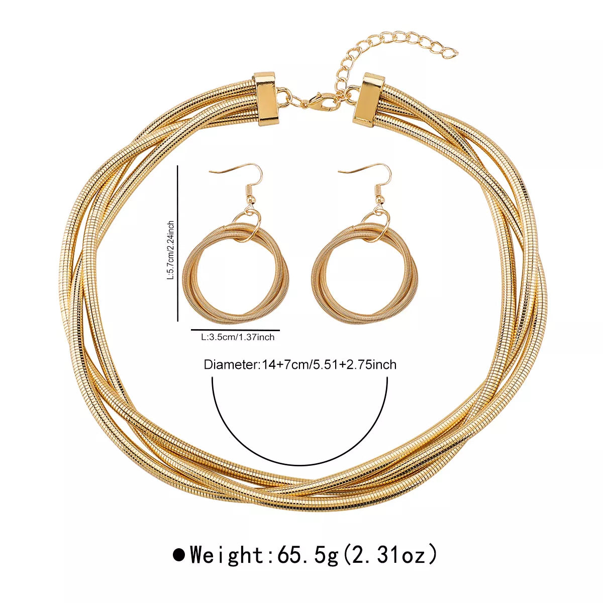 Womens Jewelry Set Multi-Layered Earrings and Necklace 18K Gold-Plated