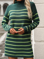 Striped Knit Mini Dress Mock Neck Long Sleeve 363044db-279b-4b2a-a651-e2cdfca68dec-Max Trendsi