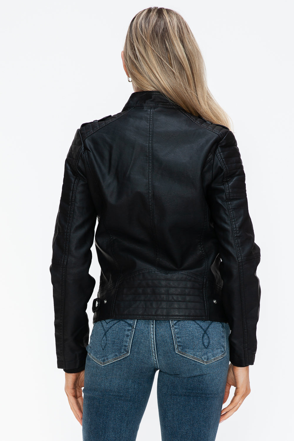 Snobbish PU Leather Black Jacket with Side Zip Pockets Zip Up Biker