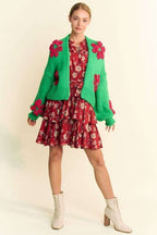 Davi & Dani Floral Applique Cardigan Women Open Front Soft Long Sleeve Green 36383f2a-e6d5-4fcd-bad3-1ce77436ff76-Max Trendsi