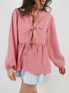 Blouse Front Tied Round Neck Long Sleeve Cotton Blend Tops 36470ec0-75bc-4658-8242-e7fd011326f5-Max_1a411e64-3df5-4475-9927-1486968aeec9 Trendsi