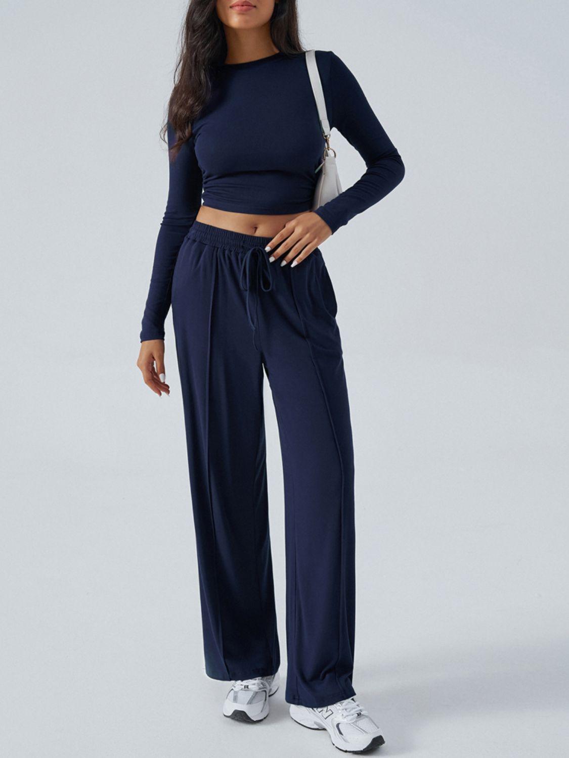 Devine Outfit Set Round Neck Long Sleeve Top and Pants Set Dark Blue 3647a014-e53b-4a46-9556-8d4ccf75ed4d-Max Trendsi