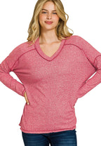 Zenana Soft Melange Hacci Exposed Seam Hi-low Tee DK RED 36514a69920f43fd82e05f5b0783402c-Max-Origin Trendsi