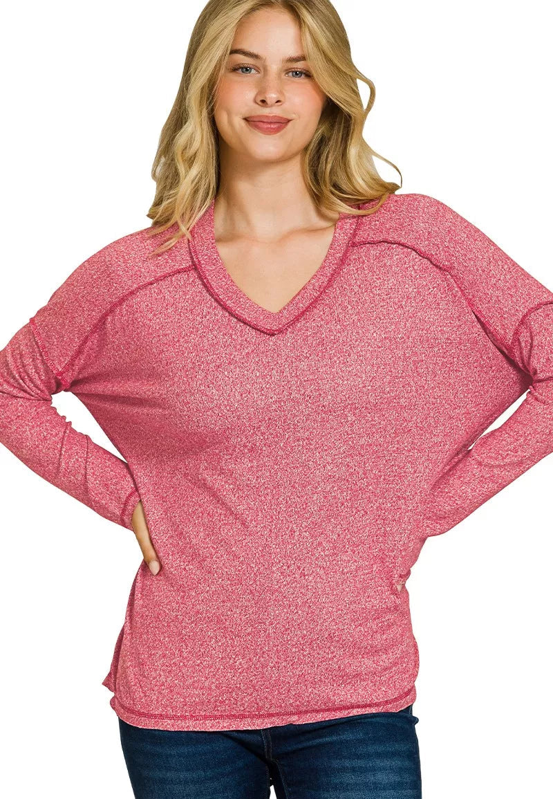 Zenana Soft Melange Hacci Exposed Seam Hi-low Tee DK RED 36514a69920f43fd82e05f5b0783402c-Max-Origin Trendsi