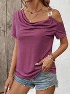 Women's T-Shirt Asymmetric Shoulder with Metal Buckle Detail Short Sleeve 365d3386bc824518805591352ef41df4-Max-Origin Trendsi