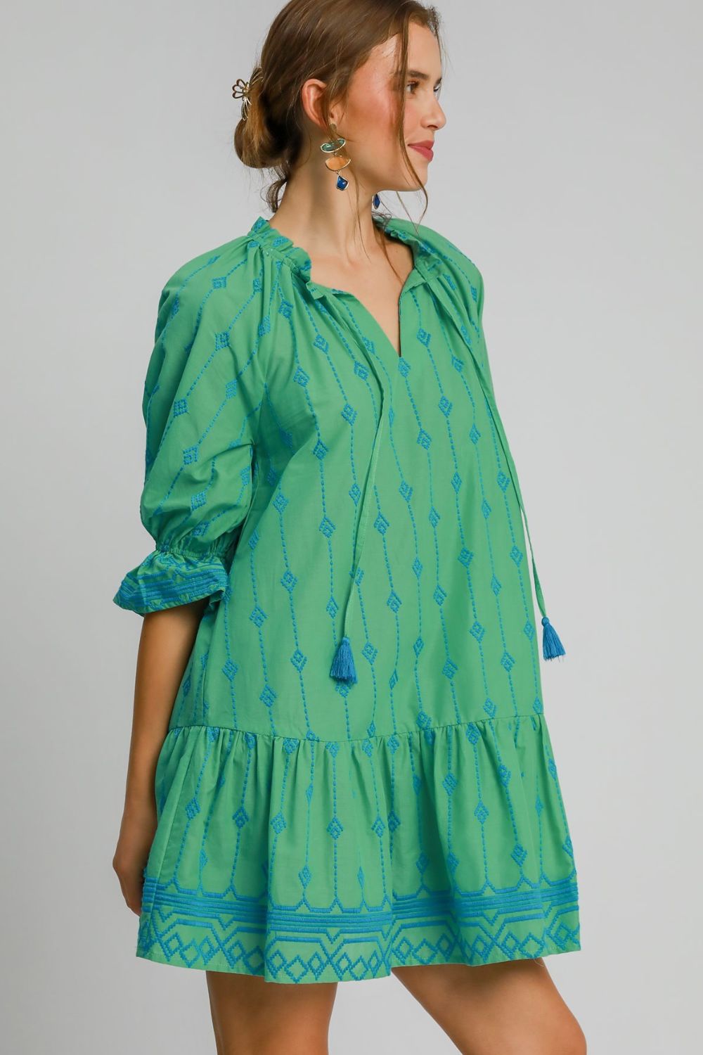Umgee Cotton Mini Dress Green Embroidered Tassel Ruffle 3/4 Sleeve S-2XL 366b5db6-9691-4f18-9783-e9cd57c27baf-Max Trendsi