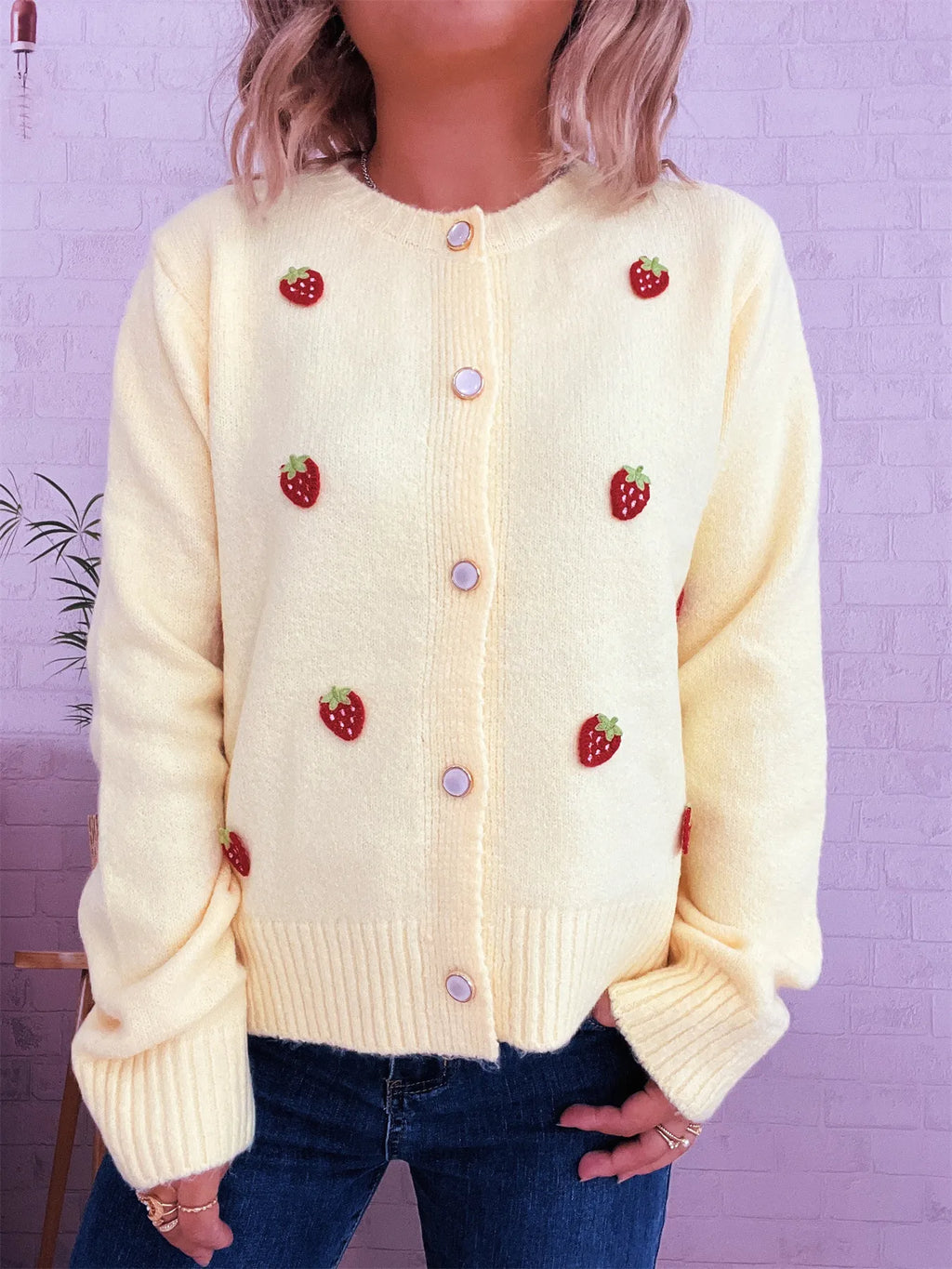 Women's Cardigan Strawberry Button Up Long Sleeve Soft Knit 368d5b4bc68545258430724ca1b2d47d-Max-Origin Trendsi