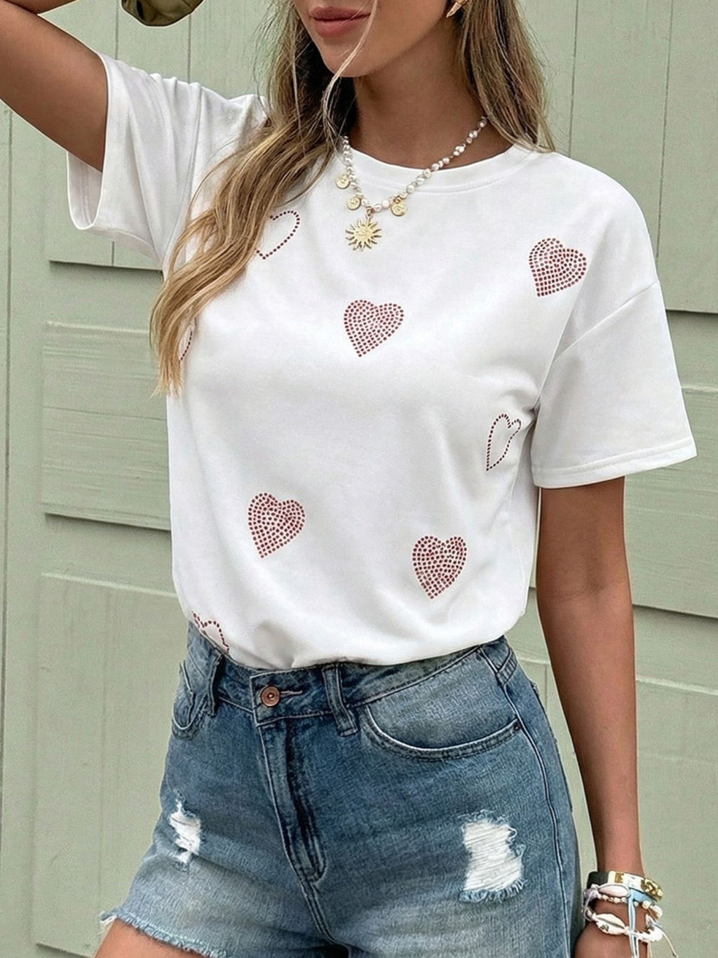 Heart Rhinestone Casual T-Shirt