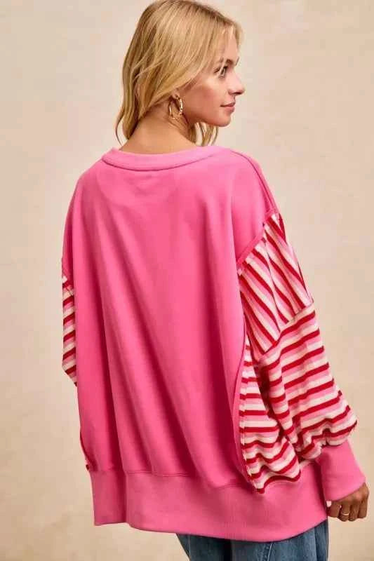 BiBi Women Sweatshirt Pink French Terry Red Stripe Combo with Open Seam Top 36a8f65ee3634a5d9b8bece0b07389c1-Max-Origin Trendsi