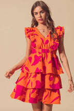 SO ME Floral Dress V Neck Layered with Elasticized Waist Short Cap Sleeve 36bfed9b7d82487bbff05055211df235-Max-Origin Trendsi