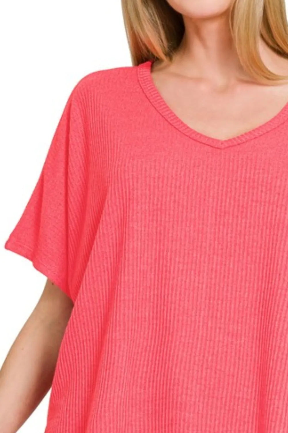 Zenana Ribbed Knit Top Coral V-Neck Short-Sleeve Oversized T-shirt 36da797a-784e-4441-b9d5-d6bed47c78ab-Max-Origin Trendsi