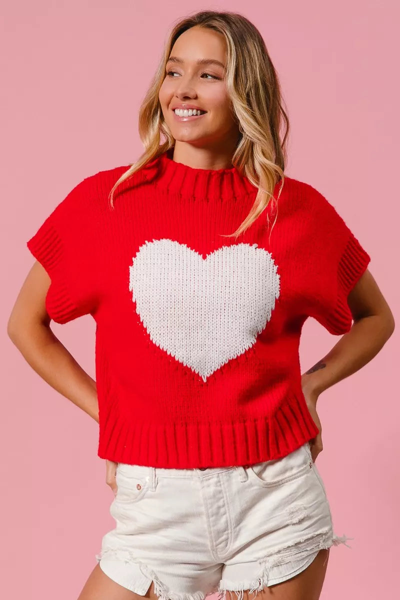 BiBi Valentines Sweater Red Rib Top White Banded Heart Pattern 36de33f72c2b4adeaa4fa5d9a295b3ba-Max-Origin Trendsi