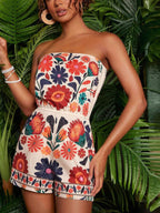 Floral Print Strapless Romper with Elastic Waist