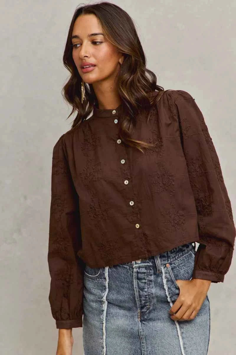 SO ME Women Shirt 3d Floral Brown Woven Cotton Long Sleeve Front Button Top 36e0d51bccb649faafab61a25f8078ff-Max-Origin Trendsi