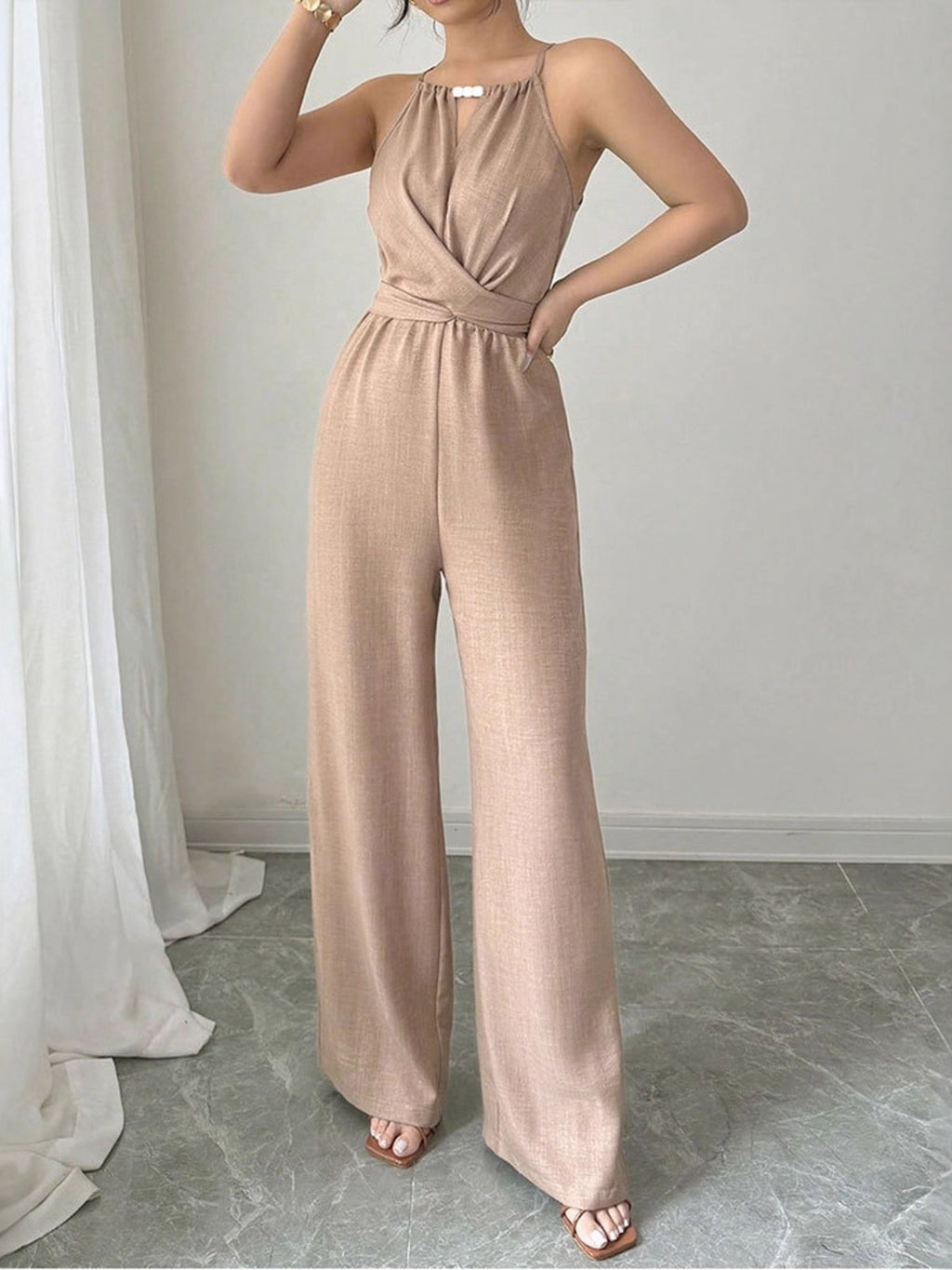 Sleeveless Wide-Leg Jumpsuit with Tie Waist