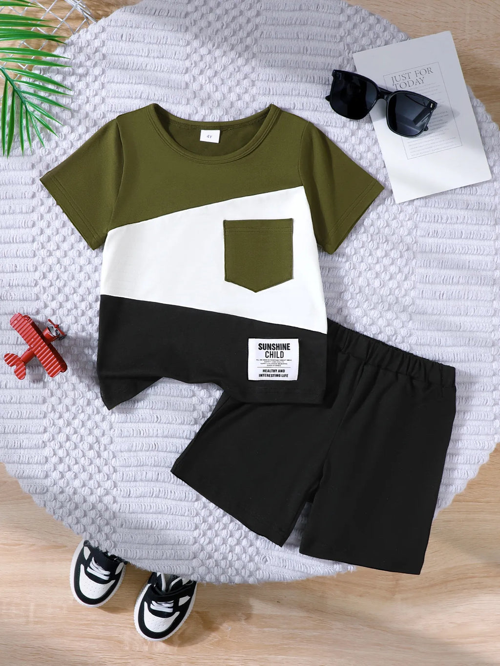 Boy's Baby Set Army Green Color Block Short Sleeve Top and Shorts Set 36f06b9a-7d41-4400-83ef-43b41253d09d-Max-Origin Trendsi