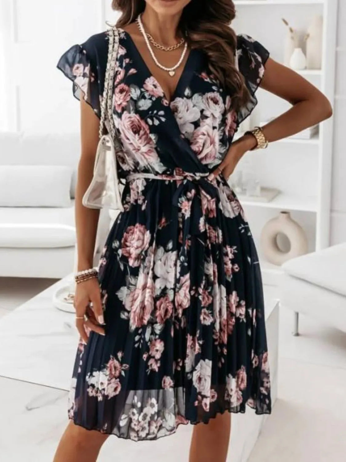 Floral Ruffle Dress Surplice Ruffled Cap Short Sleeve Tied Waist Black 36f42cbc-ea91-4425-ac25-7a49aa8415e9-Max-Origin Trendsi