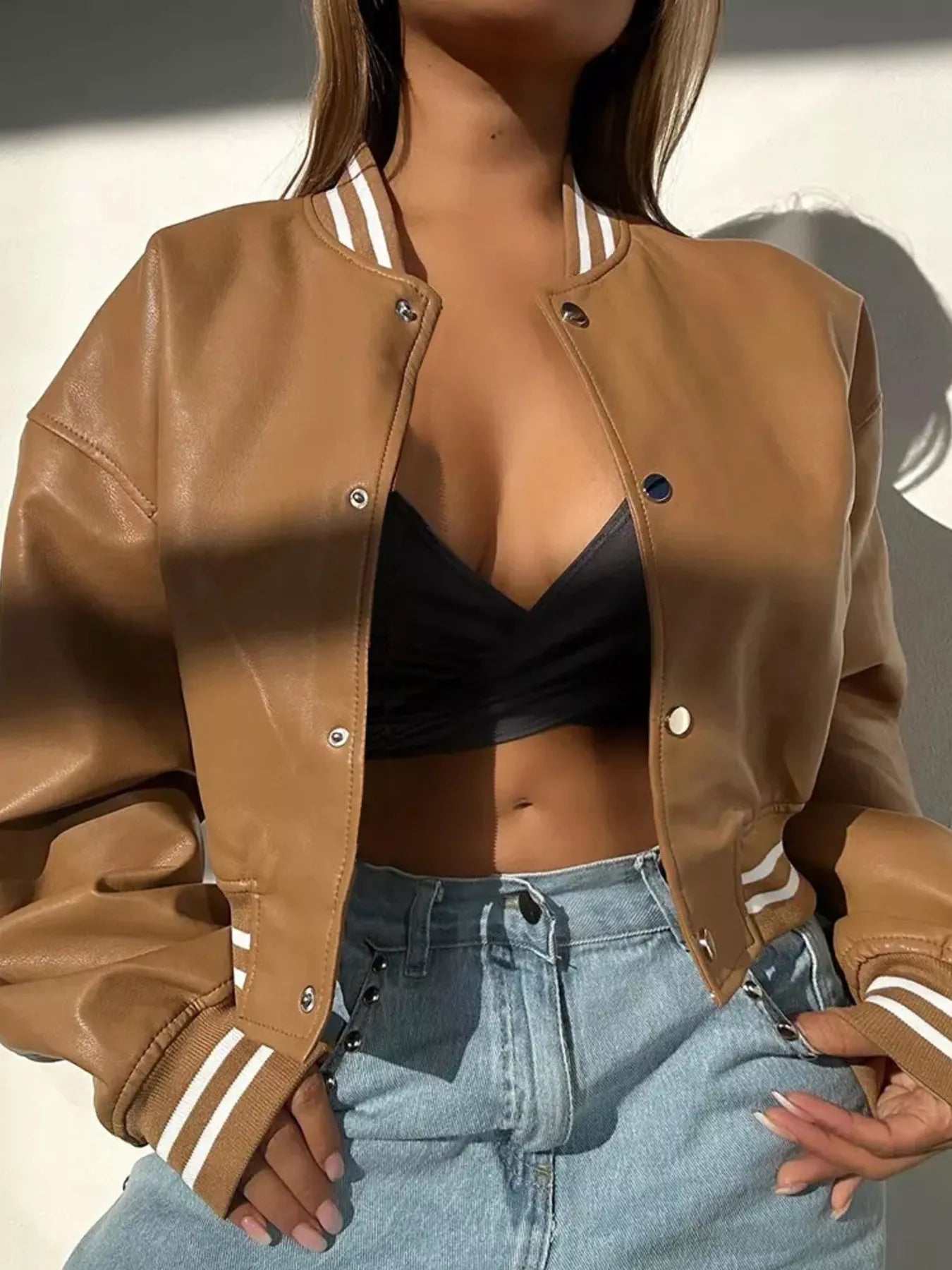 Women's Bomber Jacket Snap Down Stripe Contrast Long Sleeve Outwear Caramel 36f6398b67874f12ab4a94323d2775f1-Max-Origin Trendsi