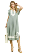 Umgee Linen Cotton Contrast Neckline Midi Dress