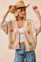 BiBi Knit Cardigan Womens Oatmeal Two Tone with Leaf Patches Open 36f67a909f0a4609a00512b779d888ca-Max-Origin Trendsi