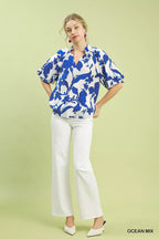 Umgee Womens Blouse Ocean Blue Floral Print Puff Sleeve Top with Scallop Hem 3703b84b-b908-4bee-8382-f47f3ab00507-Max-Origin Trendsi