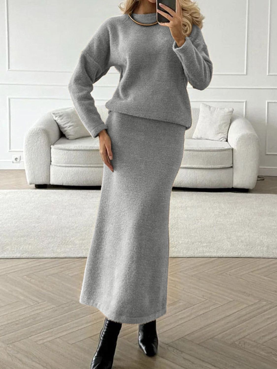 Women Sweater Set and Midi Skirt Knit 2 Pcs Soft Acrylic Long Sleeve Outfit Set