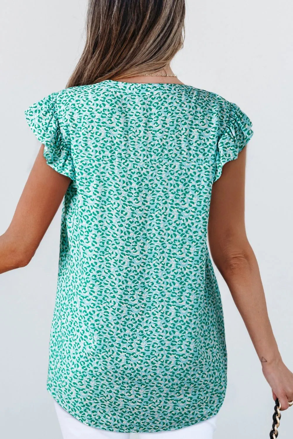 Women's Blouse Notched Turquoise Leopard Ruffle Short Sleeve Top 37105abd-7ea1-4de9-bf6f-e398b9af9d42-Max-Origin Trendsi