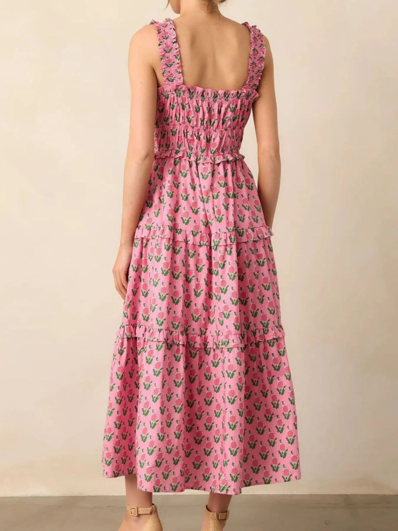 Floral Midi Dress Pink Print Ruffled Straps with Pockets 3714a5d9-93ee-4544-9ca8-20087fca284e-Max-Origin Trendsi