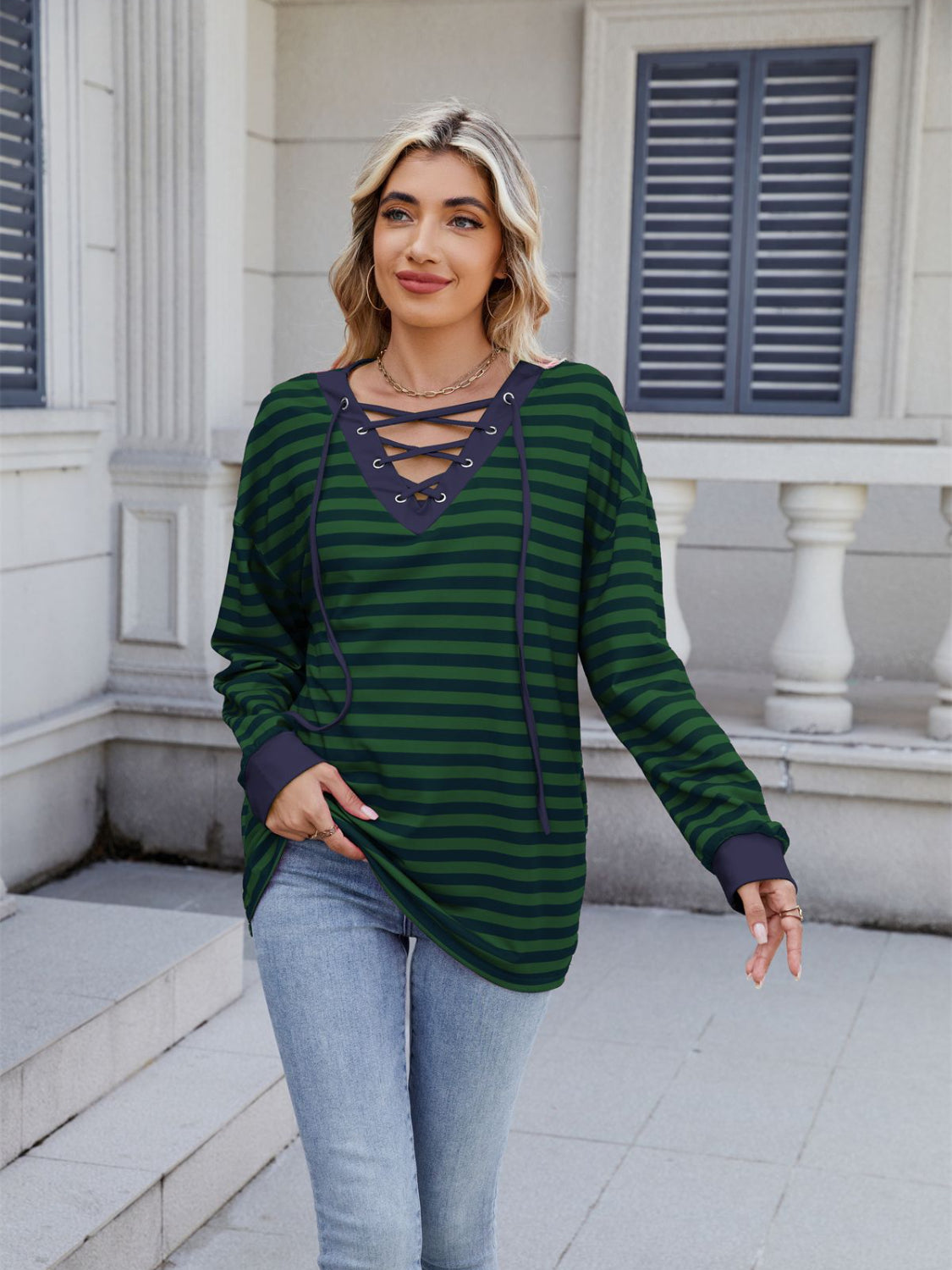 Striped T-Shirt Lace-Up Crisscross V Neck Long Sleeve Blouse Top 371dfe57-91c1-4213-b111-9337418e2cac-Max Trendsi