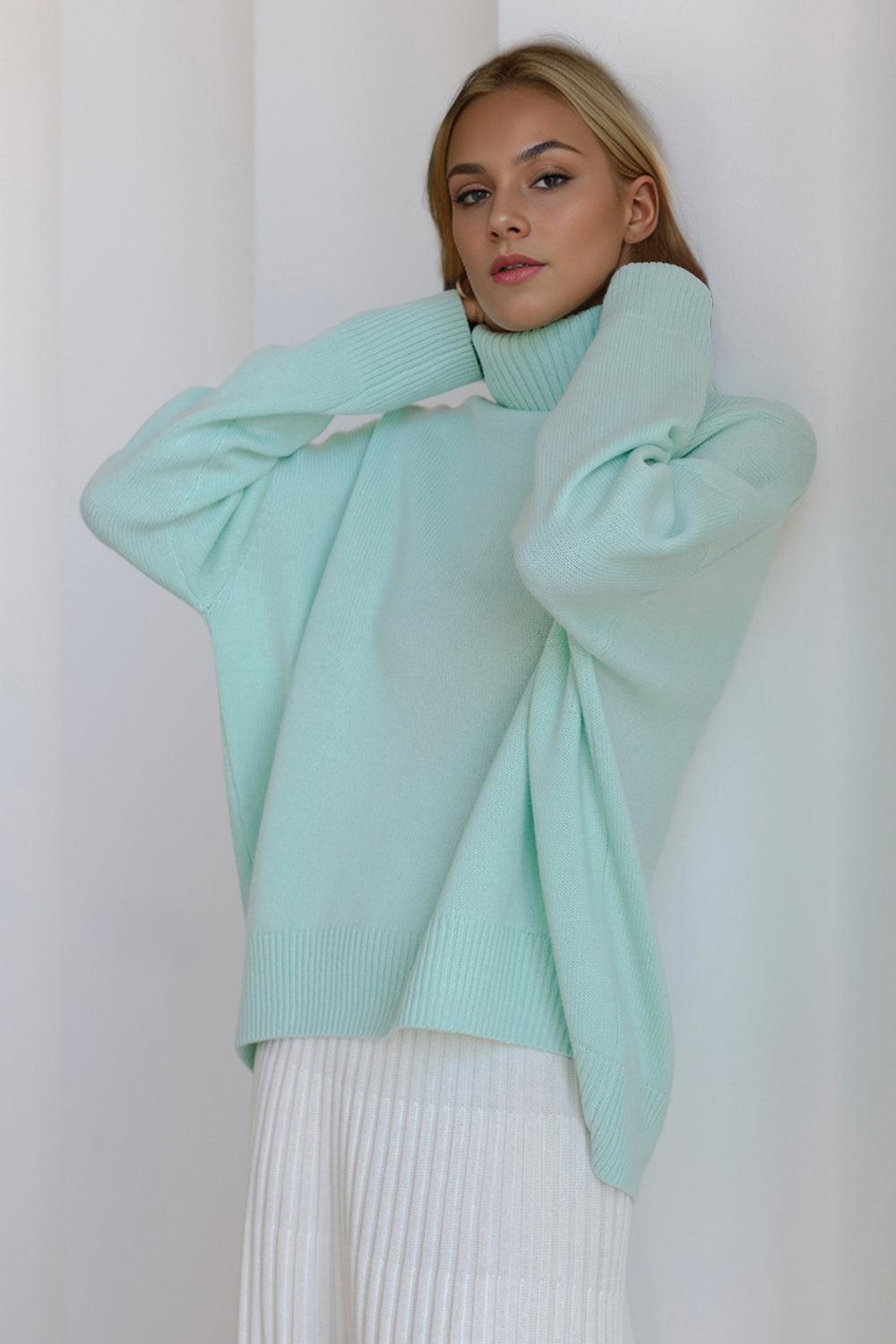 Basic Bae Turtleneck Sweater Viscose Long Sleeve Oversized Knitwear Pastel Blue One Size