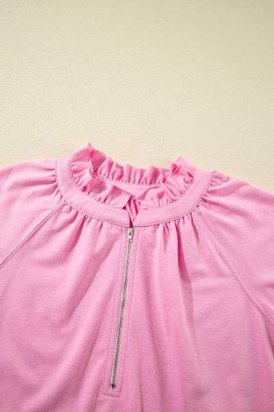 Women's Outfit Set Pink Half Zip Puff Sleeve Top and Ruffled Shorts 2 Pcs 3728860a-b956-4cfd-bcd1-65dd27a2979d-Min Trendsi