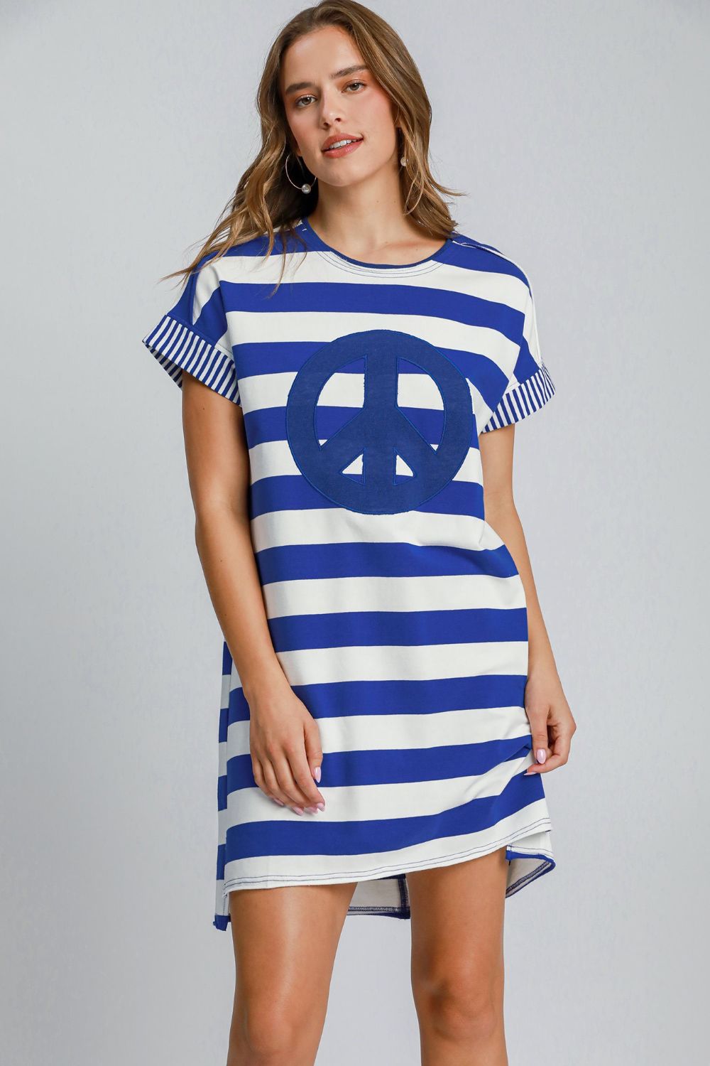 Umgee USA Mini Dress Striped Royal Blue Peace Applique Short Sleeve