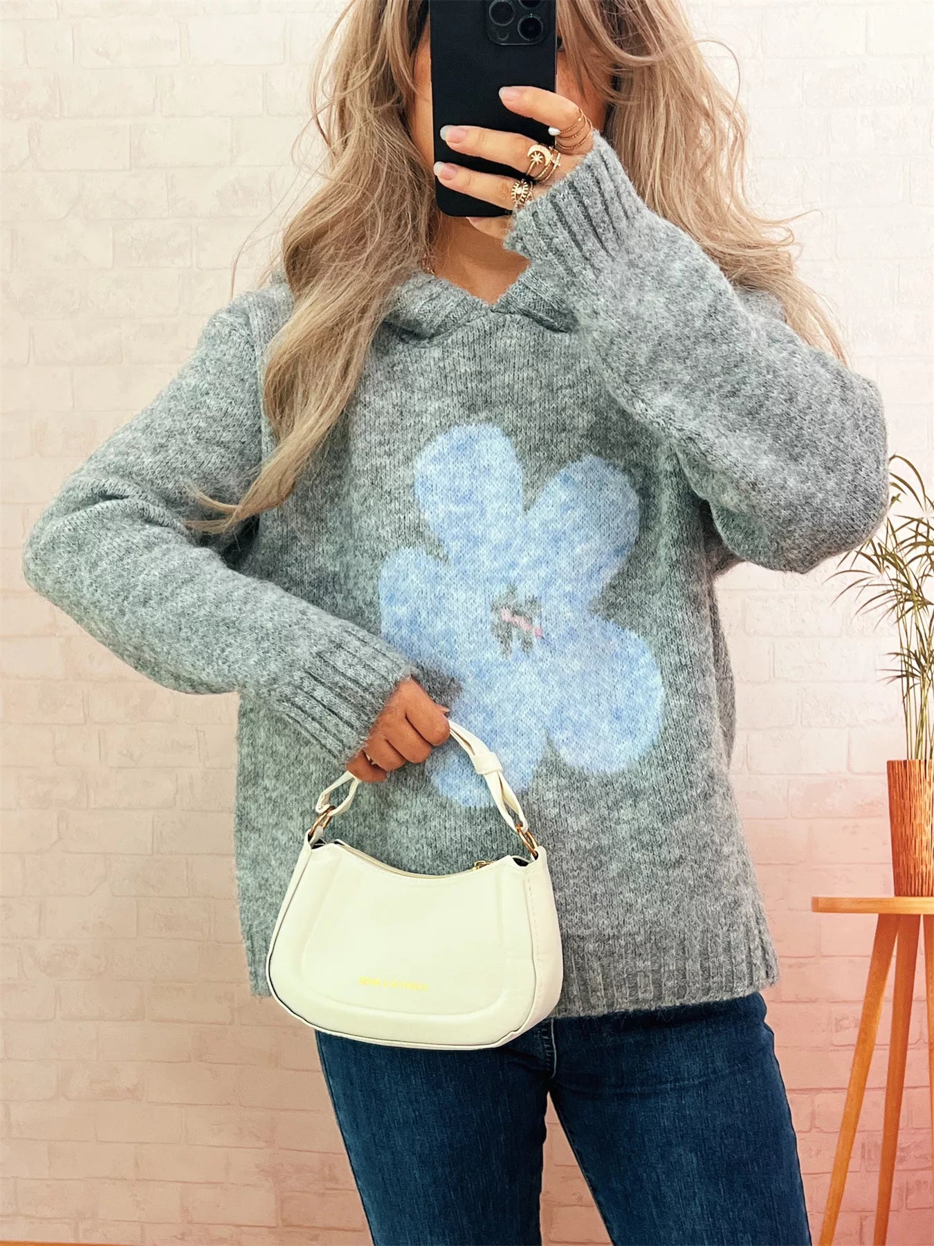 Women's Sweater Flower Long Sleeve Hooded Knit Pullover Gray One Size 3730587e11fb4e6389083a612042e191-Max-Origin Trendsi
