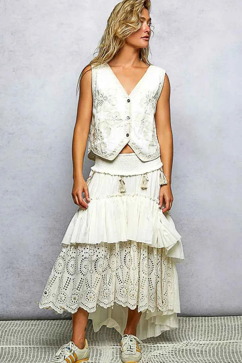 POL Embroidered Floral V-Neck Button Down Crochet Vest