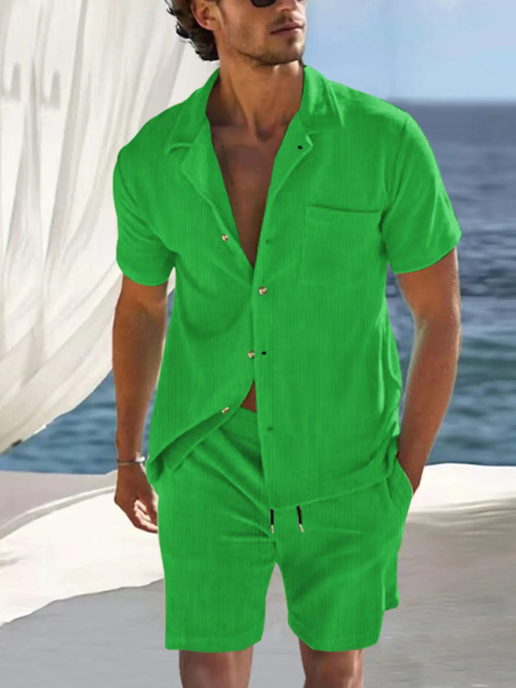Men's Shirt and Shorts Set Short Sleeve Pocketed Outfit Two-piece Sets Grass Green 373493895efb444c90984384af8c4968-Max-Origin Trendsi