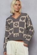 POL Women's Sweater V-Neck Heart Pattern Checkered Oversized Pullover GHOST GREY BEIGE 373a529c-fd38-4559-b578-40aaeb81b747-Max-Origin Trendsi