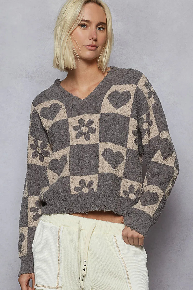 POL Women's Sweater V-Neck Heart Pattern Checkered Oversized Pullover GHOST GREY BEIGE 373a529c-fd38-4559-b578-40aaeb81b747-Max-Origin Trendsi
