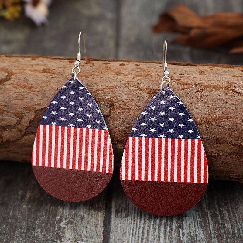 Earrings American USA Pattern Stars and Stripes PU Leather Teardrop 373be517-48aa-46b9-9cd6-18e005fed3c1-Max Trendsi