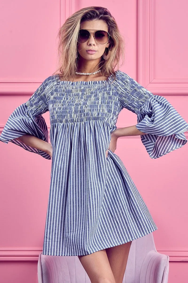 BiBi Short Dress Off Shoulder Denim Blue Striped Smocked Ruffled 373d9eb5cc2b4f4f8da0ef48e3db000b-Max-Origin Trendsi