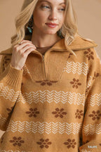 Umgee Womens Sweater Floral Patterned Jacquard Taupe Quarter-Zip Pullover 373e213b-d46e-47ce-a59f-4504a26f34e6-Max-Origin Trendsi